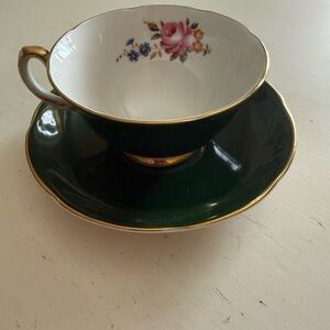 Elegant Green and Gold Floral Teacup and Saucer Set